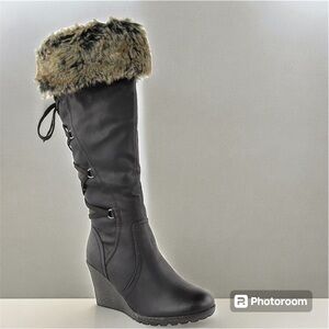 Fashion Thirsty -- Faux Fur Lined Wedge Tall Boots